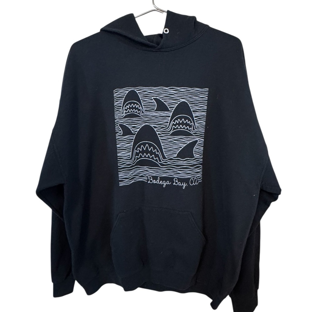 Vintage Black Hoodie with White Shark Graphic